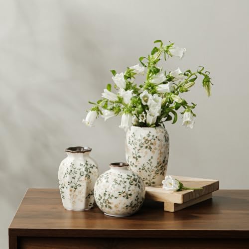 Ceramic Flower Small Vase for Home Decor, Vintage Green Vase Set of 3 - Image 2