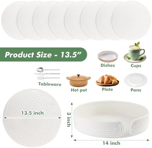 Round Woven Placemats Set of 8 with Holder Heat Resistant Placemats 13.5 Inches Farmhouse Cotton Rope Place Mats for Dining Tables Trivets for Hot Dishes, White - Image 3
