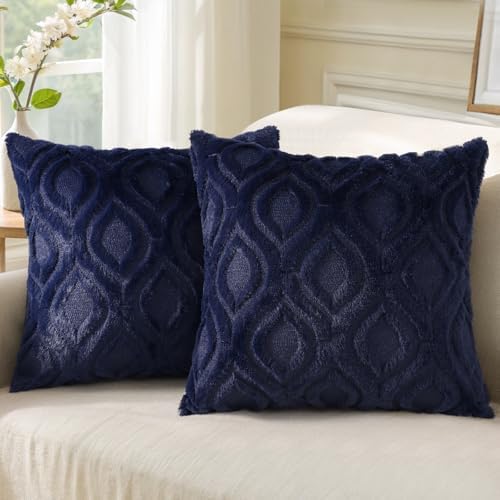 decorUhome Faux Fur Plush Soft Navy Blue Throw Pillow Covers 24x24 Set of 2 by decorUhome