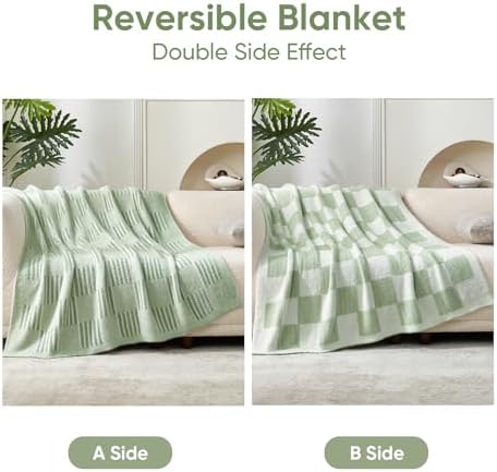 Snuggle Sac Faux Fur Checkered Blanket Twin Size,Super Soft Reversible Cozy Warm Blanket for Sofa Bedroom,Cute Lightweight Striped Throws for Women,Heather Sage Green,60x80 inches - Image 3