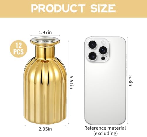 Gold Bud Vases Set of 12, Small Glass Vases for Centerpieces, Mini Vintage Flower Bottles in Bulk, Vertical Ribbed Gold Bottles for Wedding Table Decor, Party, Home & Holiday Arrangements - Image 2