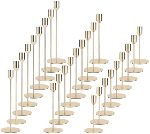 27 Pcs Gold Taper Candle Holders Bulk Vintage Tall Metal Candlestick Holders Set, Candle Stick Holder Decor with 3 Different Heights for Table Centerpiece Wedding Dinner Party Home Mantel Decor by Zrlljp