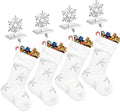 Funnymoom 8 Pcs Christmas Stockings with Holder Set Includes 4 Faux Fur Stocking Ornaments 4 Mantle Snowflake Stocking Hangers Hooks for Xmas Family Party Decoration (White/Silver) by Funnymoom