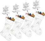 Funnymoom 8 Pcs Christmas Stockings with Holder Set Includes 4 Faux Fur Stocking Ornaments 4 Mantle Snowflake Stocking Hangers Hooks for Xmas Family Party Decoration (White/Silver) by Funnymoom