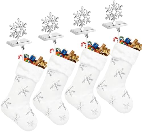 Funnymoom 8 Pcs Christmas Stockings with Holder Set Includes 4 Faux Fur Stocking Ornaments 4 Mantle Snowflake Stocking Hangers Hooks for Xmas Family Party Decoration (White/Silver) by Funnymoom