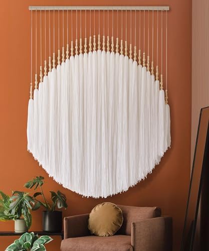 Boho Wall Decor Yarn Wall Hanging Macrame Wall Hanging Fiber Wall Art White Beads Tassel Wall Decor Boho Chic Home Decor 39" W x 55" L - Image 3