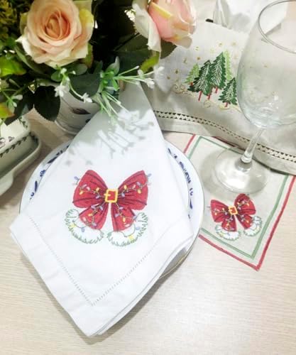 Embroidered Cloth Napkin Red Bow Christmas Cotton Napkins Set of 6, 20x20 Hemstitch Table Napkins, Machine Washable, Daily & Holidays, Great Gift Ideas - Image 5
