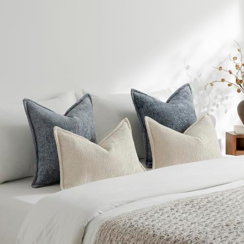 DEZENE Pack of 2 Dusty Blue Decorative Throw Pillow Covers 24x24 Cozy Soft Chenille Accent Vintage Square Couch Pillow Covers for Home Decor Bed Sofa Living Room - Image 5
