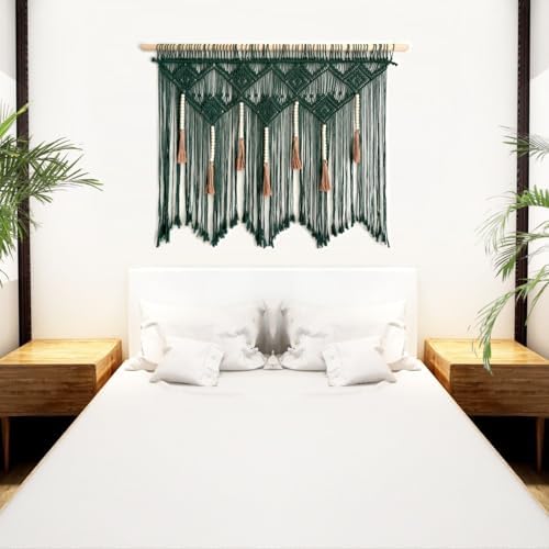 Youngeast Large Macrame Wall Hanging Boho Woven Tapestry Bohemian Macrame Wall Decor Handmade Tassel Tapestry Home Decoration for Bedroom Living Room 39"X31" (Wood Dowels Not Included) (Dark Green) - Image 3