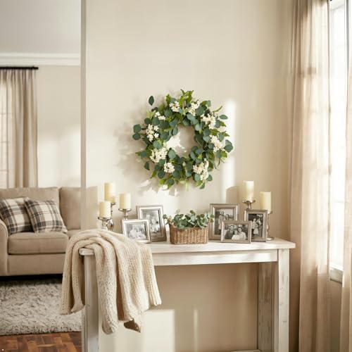 Summer Wreath for Front Door, 24 in Eucalyptus White Cherry Blossom - Image 6