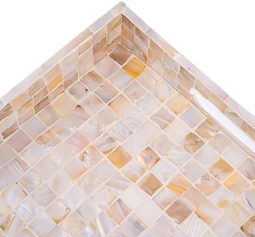 PEMAR Handcrafted Mother of Pearl Decorative Tray with Handles - 12" Square Mosaic Inlay Organizer for Coffee Table, Ottoman, Vanity & Bathroom - Luxury Coastal Home Decor (White Cream Squares) - Image 3