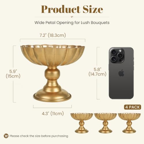 Gold Vases for Centerpieces Tables, Tall Metal Flower Urn Pedestal Vase Compote Bowl with Plastic Liners, Vintage Floral Arrangement Pots for Wedding Table Decor (Medium: 7.87''×7.87''×5.4'') - Image 2