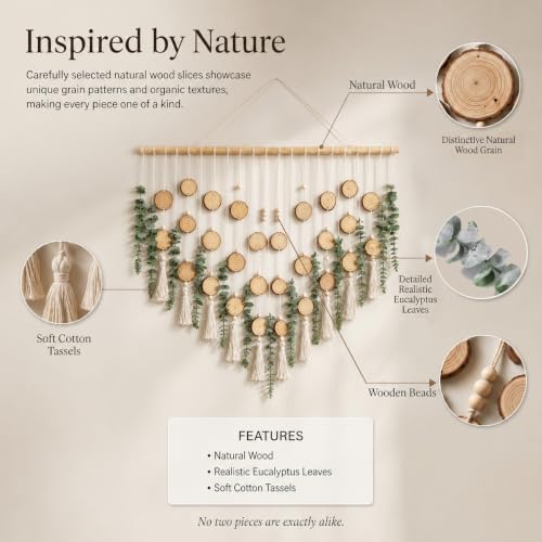 Macrame Leaf Wall Hanging Fake Eucalyptus Decor with 2-Piece Wood Slices Wall Decor Large for Bathroom Bedroom Kitchen, Artificial Wall Hanging Plants，Boho Wall Art - Image 6