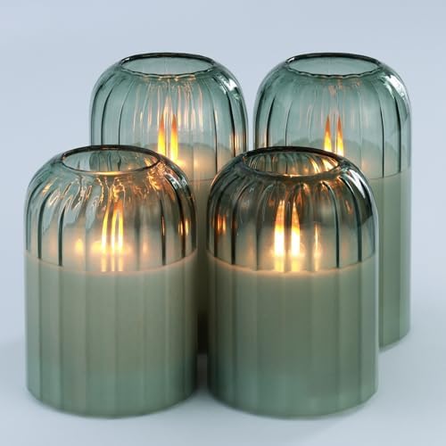 Lezonic Green Glass Flameless Candles with Remote, Set of 4 Dancing Flame LED Pillar Candles, Real Wax Battery Operated Candles with 2/4/6/8H Timer, Fall Halloween Thanksgiving Christmas Decor by Lezonic