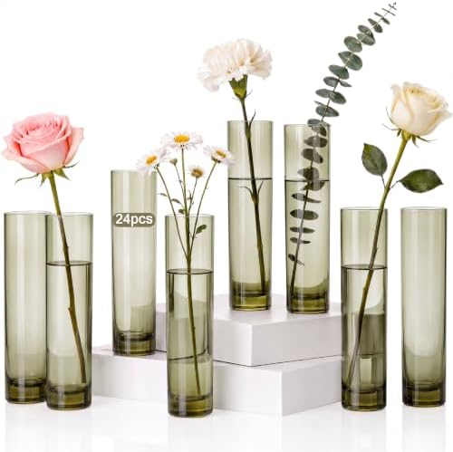 Didaey 24 Pcs Acrylic Bud Vases Green, Cylinder Vase for Rose Centerpieces by Didaey