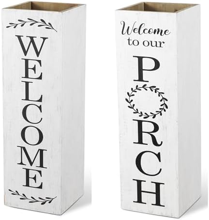 Glitzhome Set of 2 Wooden Welcome Porch Sign, Natural Double Sided Box-shaped Porch Sign for Front Porch Decor, White, 24"H by Glitzhome