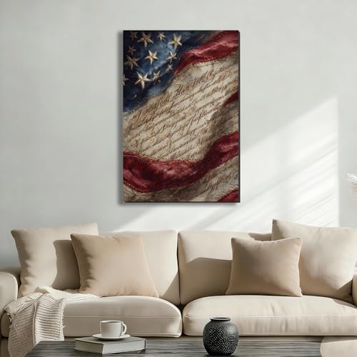 Ship Next Day - American Patriotic Wall Art Framed Canvas, Vintage US Flag and Constitution Painting Print, Rustic Farmhouse Americana Decor for Living Room Office Bedroom, Made in USA - Image 2