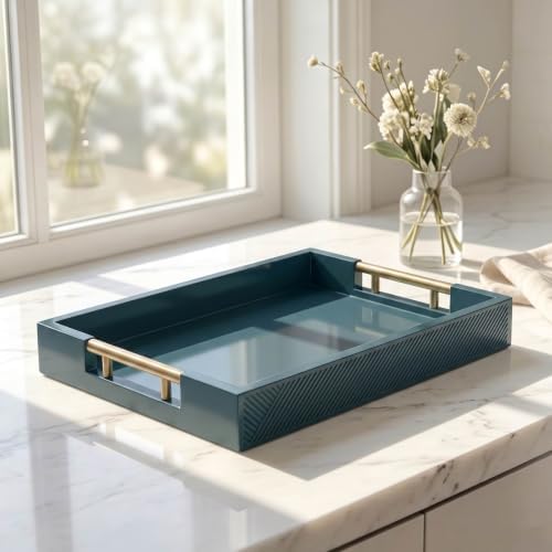 Decorative Serving Tray, Modern Rectangle Wood Tray with Polished Metal Handles, Glossy Finish, 16.5x12 Inch, for Coffee Table, Ottoman (Teal) - Image 4