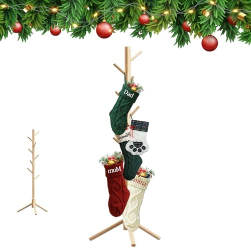 Christmas Stocking Holder Stand, Wooden Christmas Hangers Stand for Hanging Christmas Stocking, 8 Hooks Natural by Profully
