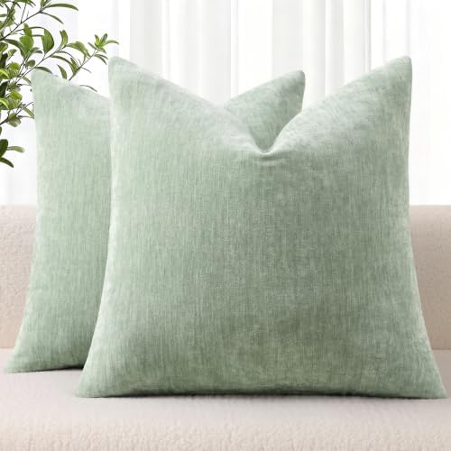 decorUhome Fall Chenille Sage Mist Throw Pillow Covers 24x24 Inch Set of 2, Decorative Soft Couch Pillow Covers Solid Dyed Accent Euro Sham Farmhouse Neutral Square Pillow Cases for Sofa by decorUhome