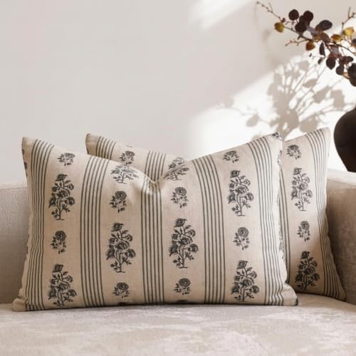 Amor Virisso Floral Throw Pillow Covers 12 x 20 Set of 2 Block Print Pillow Covers Neutral Floral Striped Farmhouse Decorative Pillow Covers for Sofa Couch Bed, Dusty Green by AffordableFloralPrintMaker