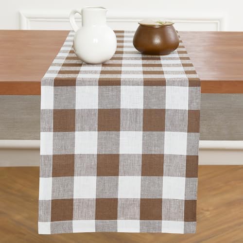 Solino Home 100% Linen Table Runner, 14 x 156 in, Brown and White Check by SolinoHome