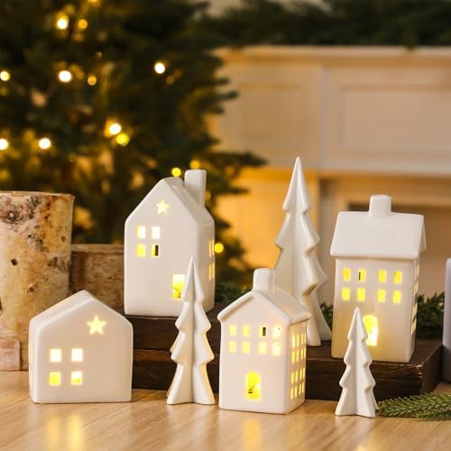 Newtay 7 Pcs White Ceramic Christmas Village Houses with Lights Sets - Image 4