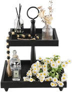 Tiered Tray Stand, Rustic Wooden 2 Tier Decorative Tray with Bead Garland, Farmhouse Square Wood Serving Tray Counter Centerpiece for Coffee Bar Home Decor Holiday Holloween Housewarming Gifts (Black) by SYNCVIBE
