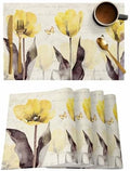 Yellow Tulip Placemats Set of 4, Rustic Floral Brown Leaves Butterfly Vintage Beige Placemats for Dining Table Place Mats for Kitchen Table Waterproof Table Mats, Wipeable Dining Table Set by Unknown