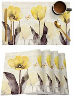 Yellow Tulip Placemats Set of 4, Rustic Floral Brown Leaves Butterfly Vintage Beige Placemats for Dining Table Place Mats for Kitchen Table Waterproof Table Mats, Wipeable Dining Table Set by Unknown