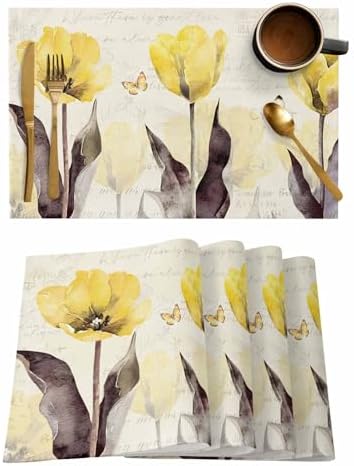 Yellow Tulip Placemats Set of 4, Rustic Floral Brown Leaves Butterfly Vintage Beige Placemats for Dining Table Place Mats for Kitchen Table Waterproof Table Mats, Wipeable Dining Table Set by Unknown
