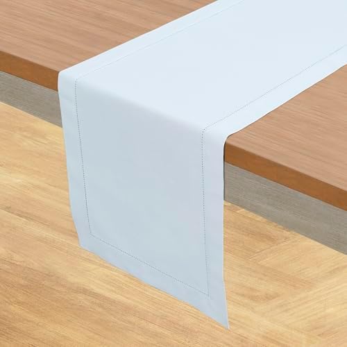 Solino Home Cotton Linen Table Runner Light Blue Hemstitch, 14 x 120 in - Image 2