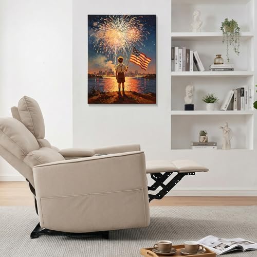 July 4th Patriotic Canvas Wall Art 4th of July USA Decorations Boy Holding American Flag and Dark Night Fireworks Picture Wall Decor Independence Day Home Decor 24x32in - Image 3