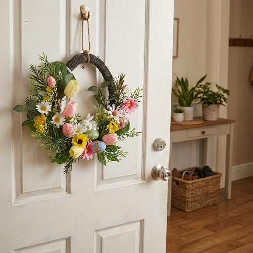Valery Madelyn Pre-Lit Easter Wreath for Front Door, Unique Egg Shaped Spring Wreath Decoration with Bunny, Pastel Eggs & Tulip Daisy Flower, Artificial Farmhouse Indoor Outdoor Wall Window Decor-16'' - Image 3
