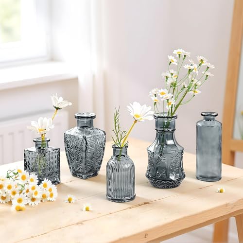 Grey Bud Vases in Bulk 24, Embossed Glass Small Vases for Flowers, Vintage Mini Flower Vase for Centerpieces, Wedding Decoration, Party, Baby Shower, Birthday, Home Decor, Living Room, Office - Image 2