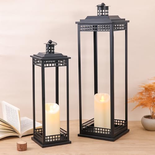 Decorative Candle Lanterns Set of 2, Black Metal for Indoor & Outdoor by Lanttu