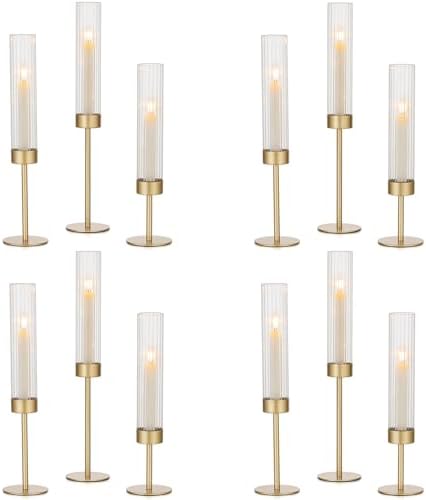 Hewory Gold Hurricane Candle Holders: 12 PCS Brass Tall Candlestick Taper Candle Holders Bulk for Candlesticks Candle Sticks Holder Decor for Table Centerpiece Wedding Party Christmas Decorations by Hewory