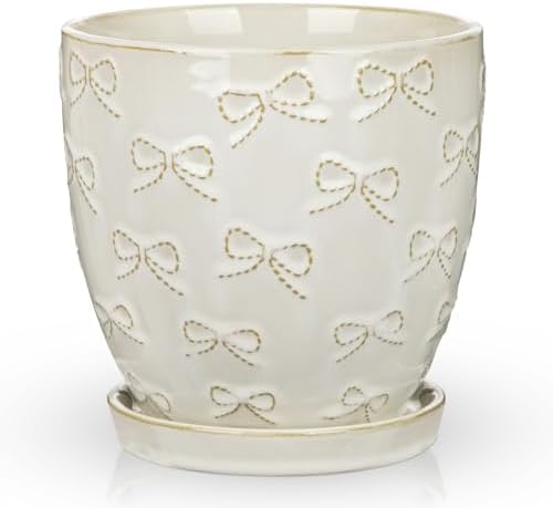 Hollyone 6 Inch White Ceramic Planter Flower Plant Pot with Drainage Hole and Saucer for Plants Embossed Indoor Outdoor Garden Embossed Ceramic Glazed Round Pot for Succulent Orchid Bow Pattern by Hollyone