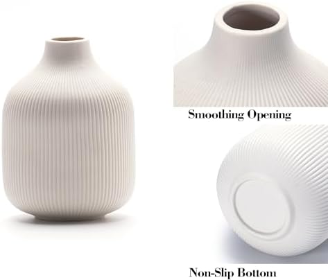 White Ceramic Vases for Decor, 3 Set Small Modern Minimalist Ribbed Vases Decorative for Table Shelf Decor Bookshelf Decoration Vase - Image 4