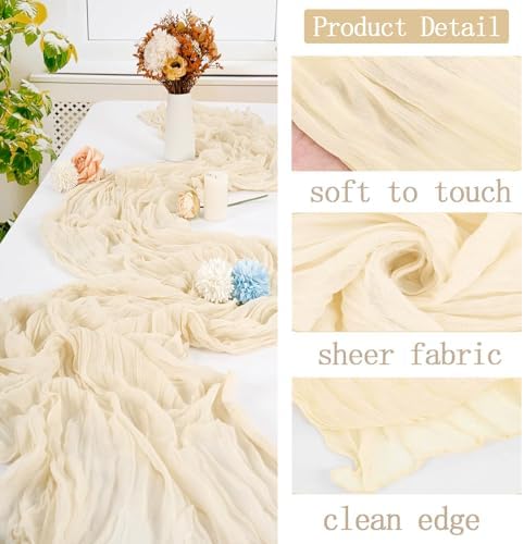 16 Pack Ivory Cheesecloth Table Runner 20 x 120 inch Gauze Table Runners 10 FT Long,Semi Sheer Cheese Cloth Fabric Table Runner Bulk for Wedding,Party,Baby Shower,Bridal Shower Decoration - Image 3