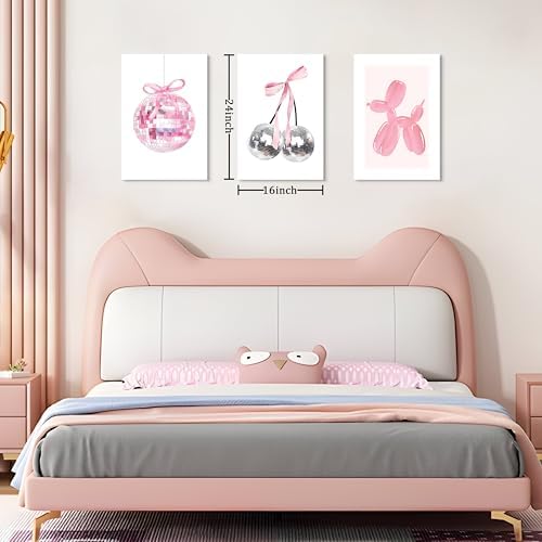 Framed Pink Disco Ball Wall Art Set of 3, Cute Cherry with Bows and Balloon Dog Posters Print, Trendy Pink Aesthetic Party Wall Decor for Teen Girls Bedroom Dorm Apartment 16x24 inch - Image 4