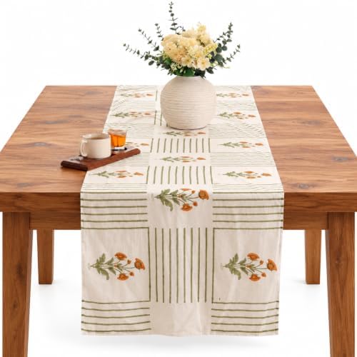 Hand Block Printed Cotton Table Runner, Machine Washable Cotton Runner, Boho Floral Table Accent for Long Dining Tables and Buffet Displays, 12x102 Inches - Green & Orange by THEARTBOX