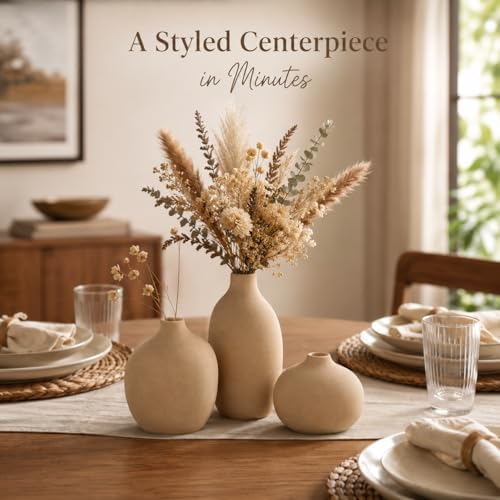 Small Tan Brown Ceramic Vase Set of 3,Bulk Mini Bud Vases for Flowers and Pampas Grass,Cute Boho Ellipse Home Decor for Coffee Table Centerpieces,Living Room,Office,Bookshelf,Entryway Decor - Image 4