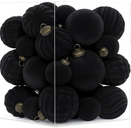 XmasExp 36PCS Velvet Christmas Ornaments Set Mixed Flocked Balls Ornaments Shatterproof Christmas Tree Decorations for Holiday,Party,Home（Black） by XmasExp