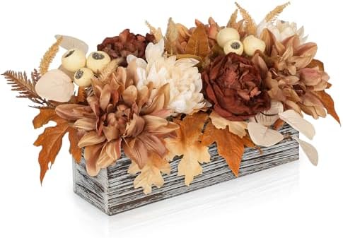 Fall Mums Artificial Flowers Arrangements In Rustic Wooden Box Planter by VillaComo