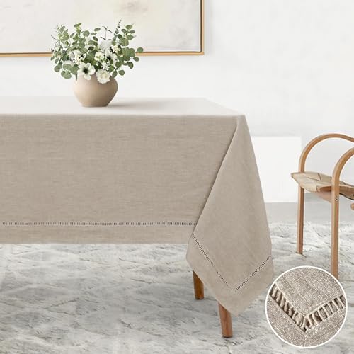 Linen World Hemstitch Linen Tablecloth,French Linen Natural Tablecloth 120" x 60" Inch,Washable Rectangular Table Cloth for Dining,Outdoor,Weddings and Restaurants,Decorative Thanksgiving Christmas by LLinenWorld