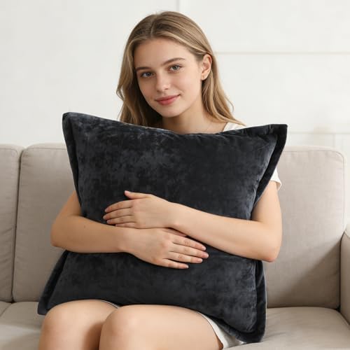 Greek Velvet Euro Sham Covers Set of 2 26x26 Luxury Soft Solid Pillow Covers for Living Room Bedroom Yard,Black - Image 5