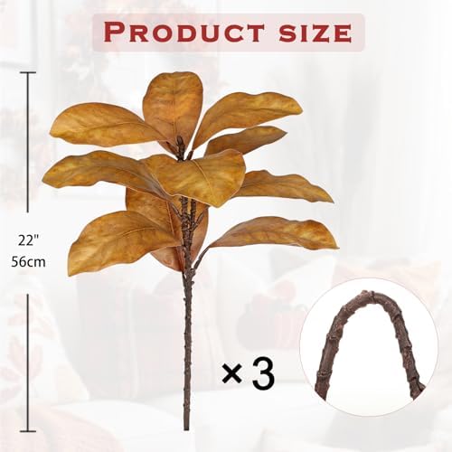 Briful Artificial Magnolia Leaves Stems 3 Pack 22in Yellow Brown Fake Magnolia Branches for Vase Fall Leaves Stems for Home Room Arrangements Centerpieces Thanksgiving Décor (Vase Not Included) - Image 2