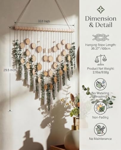 Macrame Leaf Wall Hanging Fake Eucalyptus Decor with 2-Piece Wood Slices Wall Decor Large for Bathroom Bedroom Kitchen, Artificial Wall Hanging Plants，Boho Wall Art - Image 4