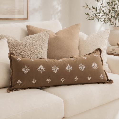 BlissBlush Long Lumbar Pillow Cover 14x36 for Bed, Brown Velvet Decorative Lumbar Pillow Cover, Floral Accent Cushion Cover with Embroidery and Scalloped Edge for Couch Sofa Bed, Cover ONLY - Image 5